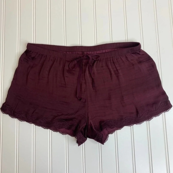 Aerie Silky Burgundy Lace Trimmed Pajama Tie Shorts - Picture 1 of 4